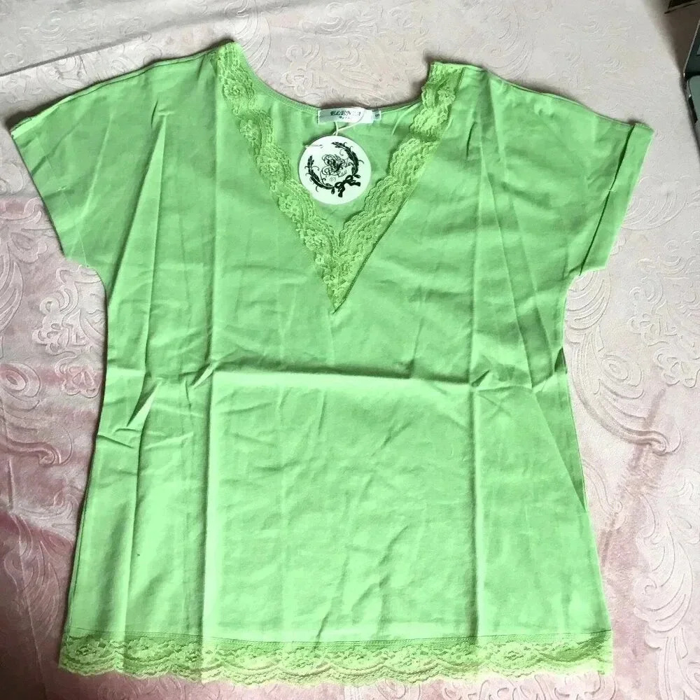 ELENZA Lace V-Neck Shirt |100% Cotton| Light Green | Casual | US 4-6 (S)